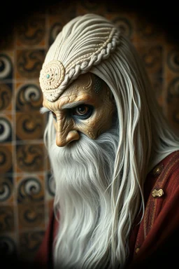 pin hole cam, master oil painting by Rembrandt, realistic rendering Portrait of the Apkallu sage who were sent by the god Ea to teach civilization to humanity before the flood. They were depicted as half-human and half-fish or bird, and were associated with wisdom, magic, and culture. blurred tile yin yang pattern background, brightened edges to give a sense of depth