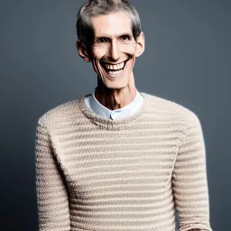 a full picture of a tall rattled skinny man with short dry hair in a light color wearing a knitted sweater grinning with teeth