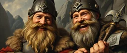 master oil painting by Rembrandt, family portrait two smiling bad ass warrior clad muscle sturdy buildt deep rock metal towering dwarves in gritty metal helmets and in fine clothes and with ice picks laughing, seem from above