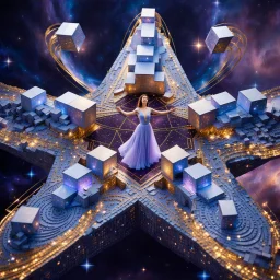 A surreal cosmic scene featuring an elegant woman in a flowing lavender and blue gown standing at the center of a massive five-pointed star-shaped platform floating in deep space. The star is constructed from intricate architectural elements - miniature buildings, geometric cubes, and stone blocks arranged in a mosaic pattern. Golden luminous trails and swirling energy ribbons spiral around the star's points. The background features a breathtaking nebula with purple, pink, and blue cosmic clouds