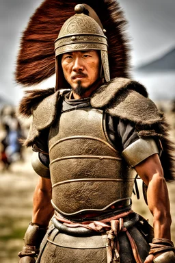 Close-up of a warrior the 1200s and a Mongol warriors, strong athletic build, in battle gear. HDR --s 1000