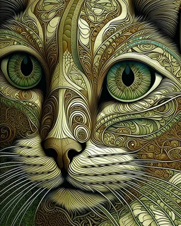 Detailed Surreal Portrait of Oriental blue and white tabby cat, with a triangular slender white face, large ears and green eyes by Gustav Klimt muted colors.