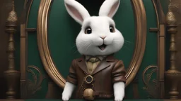 High-end HYPEREALISM STEAMPUNK craftwork CLOSEUP of NATURAL HAPPY FLUFFY white mischievous SMILING Rabbit professor wearing PERFECT leather clothes, cinematic-quality photography,Olive green metallic blue aesthetics with honey brown pure leather clothes, Art Nouveau-visuals,Vintage style with Octane Render 3D technology,(UHD) with high-quality cinematic character render,Insanely detailed close-ups capturing beautiful complexity,Hyperdetailed,Intricate,8K