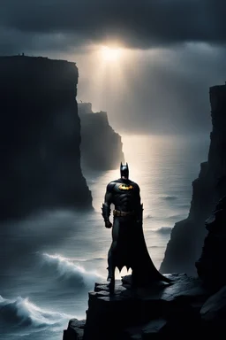 Batman standing on top of a cliff, dawn, light barely shining through, sea battering the cliff wall