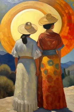 2 mexican woman painting neoclassism standing from the back whole body zoom out looking at the sun