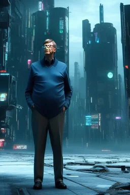 A portrait of post-apocalypse cyborg BILL GATES in a cyberpunk city, sci-fi fantasy style, volumetric lighting, particales,highly detailed,cinamatic, deep colours,8k.