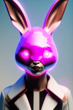 Portrait Sweet Rabbit ceramic mask, pink neon, suit, photo studio, black background, unreal engine 5, concept art, ray tracing, lumen lighting, ultra detail, volumetric lighting, 3d.