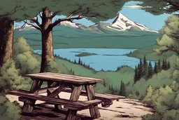 lookout, picnic table, sign, mountain, forest,, comic book,,, cinematic