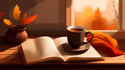 an open book, cup of coffee and blanket, in the style of autumn mood AI Generative