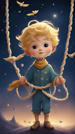 With his small hands, the little prince holds several strong ropes that are tied to the feet of birds and fly up into the sky. The little prince looks at them with a sweet smile. The background is a dark night sky with stars and planets, which gives the photo a dreamy and fantasy atmosphere.