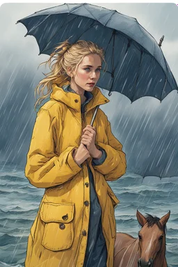 In the music video, a 23-year-old woman with blonde hair and bright blue eyes stands in the sea, se has a high messy bun. fishers hat dressed in a yellow fisherman's jacket. She holds an umbrella, but it offers no protection from the pouring rain. Around her, heavy horses are moving. The rain is pouring heavily. She is standing in the middle of the sea. You can see here completely. She is wearing a fishers outfit. she is running on a treadmill