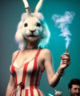 Ultra realistic photographic party portrait, sound club, wide-angle lens, couple, cinematic, happy blonde woman smoking a shisha pipe, accompanied by big white rabbit friend, hot, circus dress style, marihuana plants, color smoke, soft color, highly detailed, unreal engine 5, ray tracing, RTX, lumen lighting, ultra detail, volumetric lighting, high definition.