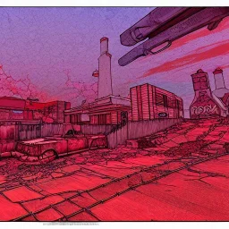  line Art coloured, destroyed, post apocalyptic, darkred tones,