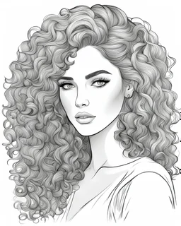 outline art for a gorgeous and sweet lady face, curly hair, coloring page, long hair, white background, sketch style, only use outline, clean line art, white background, no shadows and clear and well outlined