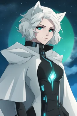 Pale Woman with short white hair, blue and green Heterochromia eyes, silver and white futuristic corset, wearing a skirt and thigh boots, white cloak, lynx ears, smirking, smug, evil look, night sky background, RWBY animation style