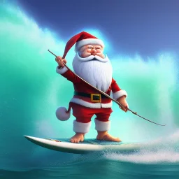 Santa standing of surfboard surfing a big wave, surfboard, beach, character design by cory loftis, fenghua zhong, ryohei hase, ismail inceoglu and ruan jia. unreal engine 5, artistic lighting, highly detailed, photorealistic, fantasy