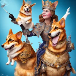 epic photo of queen elizabeth riding a big corgi by tim burton