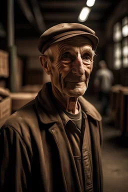 Perspectiva de un almacenero de pueblo flaco, alto, morocho, tez morena, 60 años de edad, hombre bueno que demuestre bondad con su mirada.