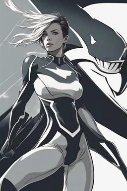 A superhero suit would be sleek and powerful, with a shark-inspired design. It would have a dark blue colour scheme, sharp lines, and a fin-like cape, representing her strength and determination.