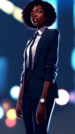 twenty year old black girl with short hairs, with a jacket and business style, full body, suit and pants, from head to toe, best quality, digital painting, 4k, sharp focus, intricate texture, skin imperfections, blank background. , interactive novel style,bokeh, professional, anime clean drawing,Your Name, 4k, highly detailed, clear lighting,
