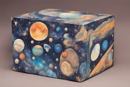 a box for storing things with beautiful drawings a lot of colours, detailed, angles, minerals, planets space,