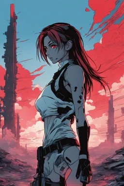 Dark outline line art anime style of a silhouette of a cyberpunk-inspired woman standing in front of a landscape shot of an active war zone with distant explosions, light black and red long hair, light blue eyes, short red and white tank top, (looking intently at viewer), (viewer from low ground level view with focus on eyes), (inspired by Cyberpunk mixed with Fate: Grand Order), (vibrant colors with dark outlines and shadows), (explosions and smoke in synthwave background), (giant planet in far