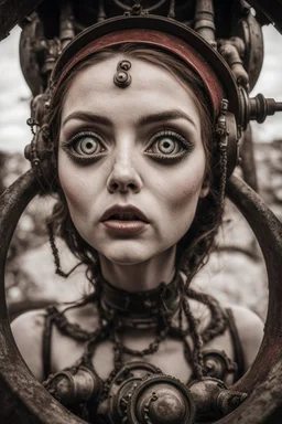 Closeup Girl siren with big eyes, fullbody, dieselpunk, valves rising from the ground, the perspective looking up from the bottom of an empty well , 8k, macro photography by <John Kenn Mortensen>, darkred tones,