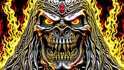 4K, ultra detail, full realism, portrait of Iron Maiden logo, full face, flames in the background