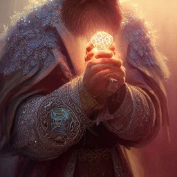 Insanely detailed photograph of an “D&D twilight cleric holding glowing D20” with intricate detailed beard, intricate clothing, hyperdetailed painting by Ismail Inceoglu Huang Guangjian and Dan Witz CGSociety ZBrush Central fantasy art album cover art,8K, hdr, mysterious, flickeringlights ,Stoic