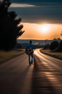 hombre con su guitarra alejandose por un camino al anochecer