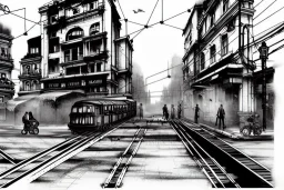 Hanoi train Street+Hanoi train Street+Gothic city+ BioShock+Dishonored+Bloodborne+trieste+Edinburgh+Chicago+victorian London+decòpunk Skyscraper+ +steampunk+biopunk+, croquis architecture, city drawing, perspective drawing, point perspective, architecture croquis drawing