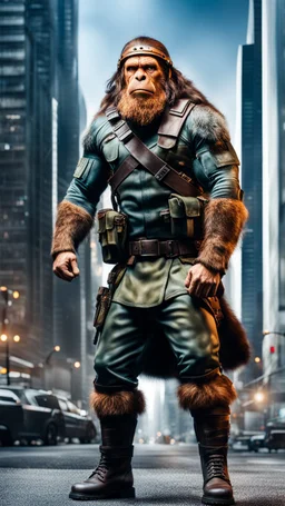 Full body del Hombre de Neandertal con traje de militar, camisa, casco, pantalón y botas, fondo ciudad, calidad ultra, hiperdetallado, colores contrastantes