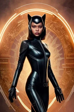 a poster of a Jenna Ortega, dressed as Catwoman, black leather, fine-art photography, rim lighting, 16k, full length, ultrarealistic, UHD faces, Unsplash, kodak ultra max 800, intricate, cinematic pose, centered symmetrical composition, stunning photos, masterpiece, grainy, centered composition