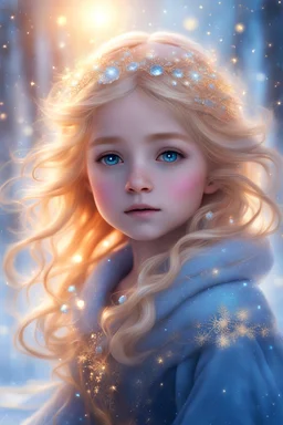 Masterpiece, best quality, digital painting style, beautiful fantasy art, high quality, 4k. Like an ethereal vision amidst a frozen wonderland, a beautiful little girl emerged, her golden hair shimmering like spun sunlight against the backdrop of a magical snow world. Her eyes, like twin sapphires, sparkled with the enchantment that surrounded her, reflecting the vibrant hues that danced upon the pristine snow.