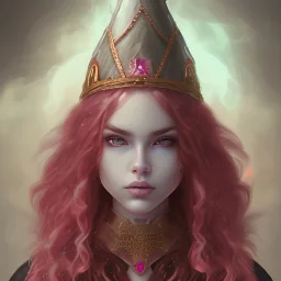 Fire witch, sweet looking, intimidating beauty, young, round face, pale freckled skin, wild curly pink hair, red color eyes, wearing a pink witch hat, wearing a glowing pink and red crystal necklace