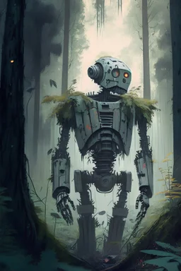 sympathetic robot surviving to the apocalypse in a forest