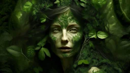 A surreal artwork featuring a woman's face seamlessly integrated with lush green foliage, creating a harmonious fusion of the human and nature. The style is montage-like, with intricate details of leaves and moss forming the contours of her face and hair. Her facial features, including eyes, nose, and lips, are subtly defined by the varying hues and textures of the vegetation. The background depicts a verdant landscape with rolling hills and a distant view of the ocean under a clear sky, enhanci