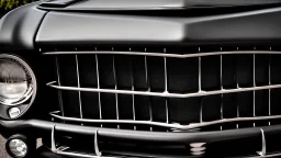 Photograph of a the front grill of a gorgeous, expensive, oldschool black muscle car with a big, black front grill, realistic, stylish, taken up close from the front of the car.