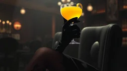 midle close up gray-toned, contrasting graphics, a lady in a black casual dress, black lace nice nylon stockings sitting on a bar chair in bar, holding a yellow mimosa cocktail in her long black gloved hand, atmospheric, strong contrasts, shadowy background, focus on the hand holding the cocktail, moody, pale ligts, anime style, cinematic