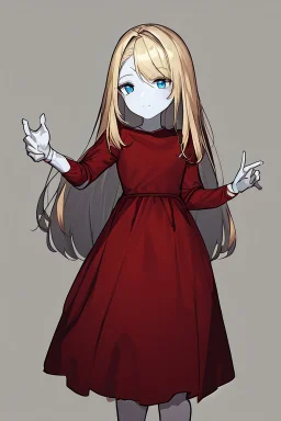 Blonde girl, white skin color, blue eyes, standing in the moonlight, handdrawn, red dress, raisedhand