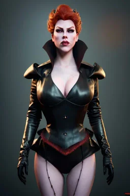 Hannah Waddingham as evil queen in black leather, busty, cleavage, voluptous, rebecca Welton, angry, stern look. character design by cory loftis, fenghua zhong, ryohei hase, ismail inceoglu and ruan jia. unreal engine 5, artistic lighting, highly detailed, photorealistic, fantasy