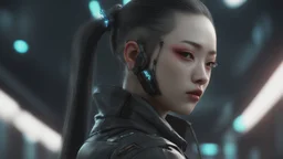 4k, hyper-realistic, Ultra-HD, Ray-tracing, cyberpunk, cybernetics, Asian, Female, short