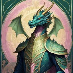 Bordered digital art of a Dragon Emporer, in the style of torat and art deco, with olive green, pastel pink, rich blues and Shimmering golds accents. Fantasy art. High quality, masterpiece. Dungeons and dragons