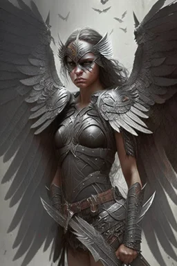 female warrior angel with black wings