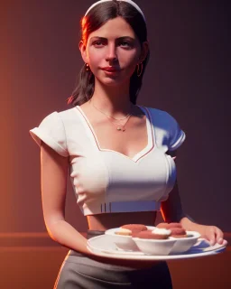 waitress woman with muppet head, real photo, concept art, retro style, smooth, unreal engine 5, god lights, ray tracing, RTX, lumen lighting, ultra detail, volumetric lighting, 3d.