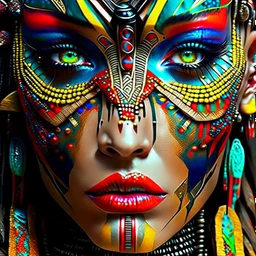 a close up of an Amazon tribe woman with a white red yellow blue green and brown face paint, exotic style, exotic, cybernetic faces, of a futuristic woman selk'nam, beautiful biomechanical djinn, intricate beautiful faces, intricate cyberpunk make - up, stunning digital art, cybernetic machine female face, amazing digital art, gorgeous digital art