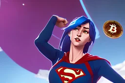 Supergirl holding a Bitcoin coin while flying in the orbit of Earth.