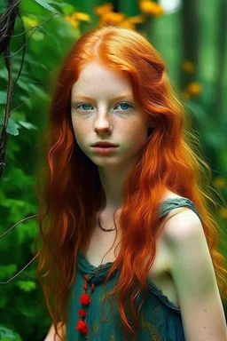 pretty girl, aged 13, ginger, conventionally attractive, realism, dreamy, tight top, bright clothes, full length, faun, satyr