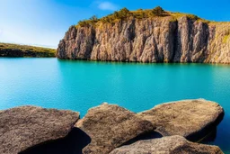 Sunny day, Big epic rock cliff, lagoon, photography, ultra hd 4k, hyperrealism