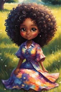 An whimsical oil painting art image of a chibi black cartoon of a curvaceous woman with flowing of tight curly afro of black hair that's highly detailed, wearing a tie dye maxi dress. She sits relaxed on the grass facing the warm sunlight, which illuminates her face as she looks to the side with a small smile, accentuating her prominent makeup and brown eyes. with green and hot pink roses all around